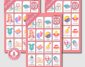 Baby Shower Bilingual Loteria: Multicolor pastels, Mexican Baby Shower Bingo, Lotería Baby Shower Ingles y Español, Juego para baby shower