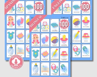 Dusty Blue Boho Minimalist Baby Shower Loteria Game Mexican Loteria, Blue Baby Shower Loteria Bilingual, 100 Players, Canva Gifs Decor Games