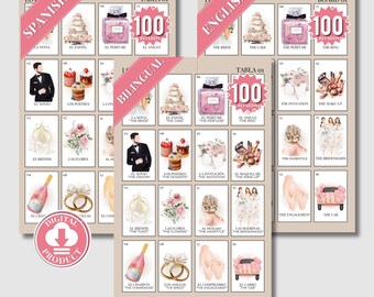 Boho Minimalist Bridal Shower Loteria Game, Mexican Loteria, Neutral Bridal Shower Loteria, Bachelorette Bilingual Loteria 100 Players BSL02