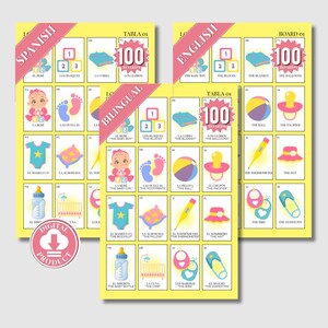 Könnte beinhalten: Eine gelbe und rosa Bingo-Karte mit 100 Feldern. Jedes Feld enthält ein Baby-Bild und ein spanisches und englisches Wort für das Bild. Die Wörter sind in schwarzer Schrift. Die Karte ist mit "Tabla 01 100 Boards" betitelt.