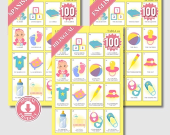 Baby Shower Bilingual Loteria: Multicolor pastels, Mexican Baby Shower Bingo, Lotería Baby Shower Ingles y Español, Juego para baby shower