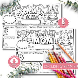 Página para colorir de feliz aniversário, mãe | Modelo para preencher tudo sobre a mãe para imprimir | Atividade de aniversário da mãe | Cartão de presente de aniversário da mamãe para crianças