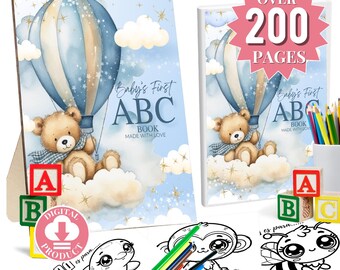 200 PAGES ABC Baby shower coloring book, Baby's First ABC Book, Bear theme Alphabet book, Baby shower game or activity, printable