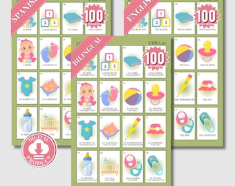 Bilingual Baby Shower Loteria  Bingo with 100 Non-Repeated Tablas (Boards) and a Deck of 64 Calling Cards Digital Download Gifts Games Decor