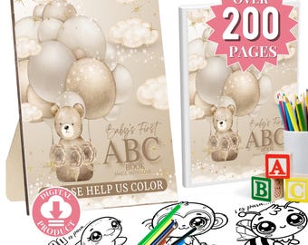 200 Pages ABC Baby Shower Coloring Book, Baby's First ABC Book,Bears Theme Alphabet Book,Baby Shower Game Or Activity,Printable PDF,