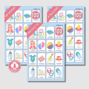 Bilingual Baby Shower Loteria / Bingo with 25 Non-Repeated Tablas (Boards) and a Deck of 54 Calling Cards (Baraja) | Digital Download