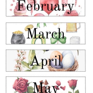 Afdrukbare kaarten maanden van het jaar, aquarelthema, zakkaartkalendermaanden, schoolkalender afdrukbare maanden