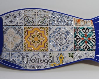Sardine-Shaped Trivet with Portuguese Tile Design and Cork Base
