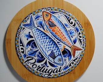 Decorative Bamboo Board with Portuguese Tile; Heat-resistant trivet; Serving board for snacks