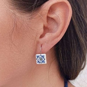Tile Earrings portuguese , unique handmade jewerly, Glass Cabochon , Blue Earrings, Gift For Her, Nickel and lead free, Anti-allergic
