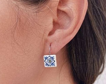 Tile Earrings portuguese , unique handmade jewerly, Glass Cabochon , Blue Earrings, Gift For Her, Nickel and lead free, Anti-allergic