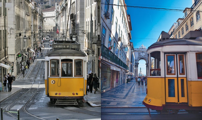 May include: A split-view image featuring a yellow and white vintage tram labeled Carreira No 28 traveling along narrow city streets with stone buildings, tram tracks, and pedestrians visible in the background under a clear blue sky.