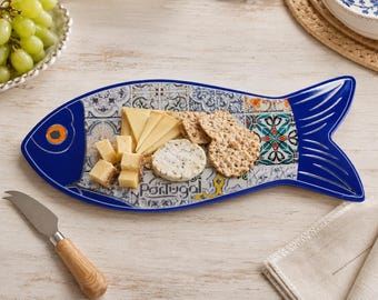 Sardine-Shaped Trivet with Portuguese Tile Design and Cork Base