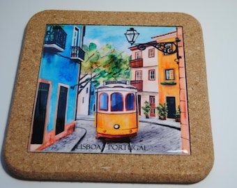 Cork trivet, Portuguese tile with tram, tradition