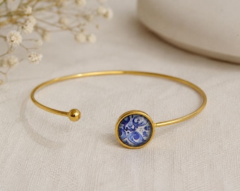 Portuguese Azulejo Bracelet, Stainless Steel Bangle, Blue and White Tile Jewelry, Handmade Portugal Gift