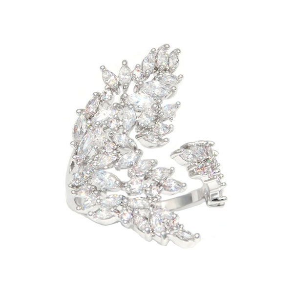 Ring Silver Ring Statement Ring  Diamond Ring Leaf Ring Open Ring Gift for her Open Ring with Stones Big Ring Wide Ring