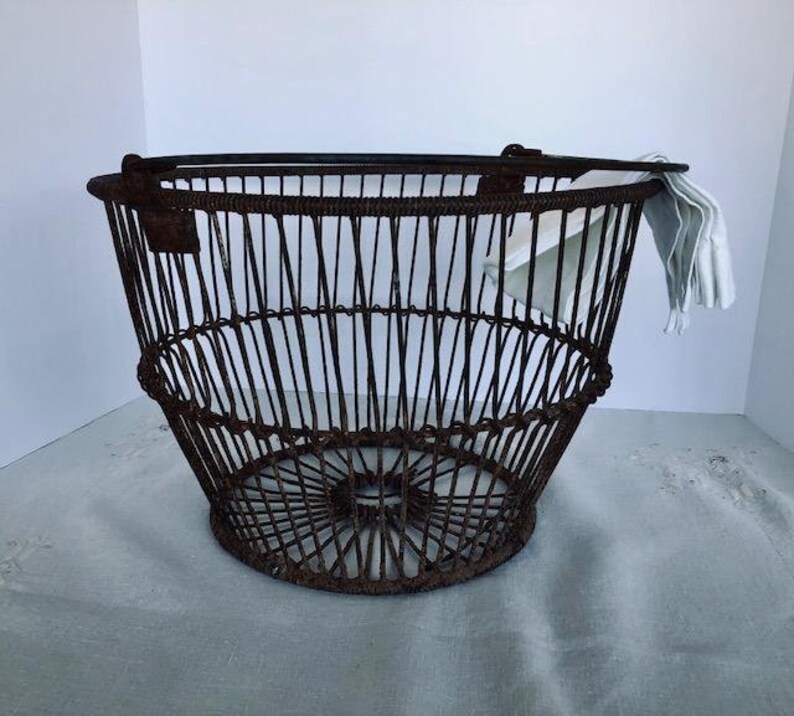 Vintage handmade large round metal wire basket with handle Etsy