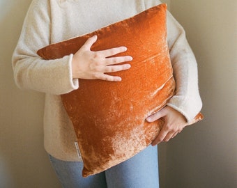 Rust Velvet Pillow, Naturally Dyed Velvet Throw, Orange Velvet Sham