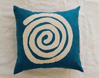 Indigo linen swirl pillow cover, linen pillow sham, zero waste home, hand dyed pillow, organic cotton pillow, geometic pillow