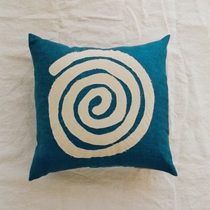 Indigo linen swirl pillow cover, linen pillow sham, zero waste home, hand dyed pillow, organic cotton pillow, geometic pillow image 1