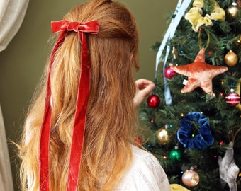 Fiocco in velluto di mirtillo rosso, clip per fiocco per capelli in velluto tinto naturalmente, cravatta per capelli natalizia, civetta