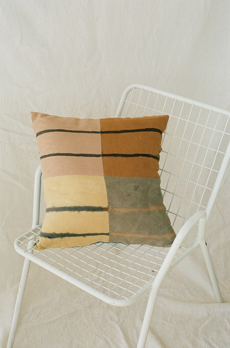 striped linen pillow, plant dyed sham, color block pillow cover, zero waste home decor, hand painted pillow, naturally dyed image 1