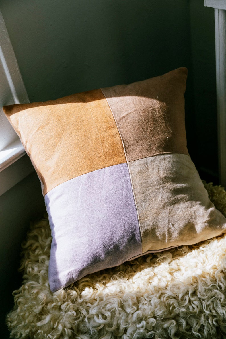 patchwork linen pillow cover, color block pillow, linen pillow sham, organic cotton pillow, hand dyed pillow, geometric pillow, zero waste image 6