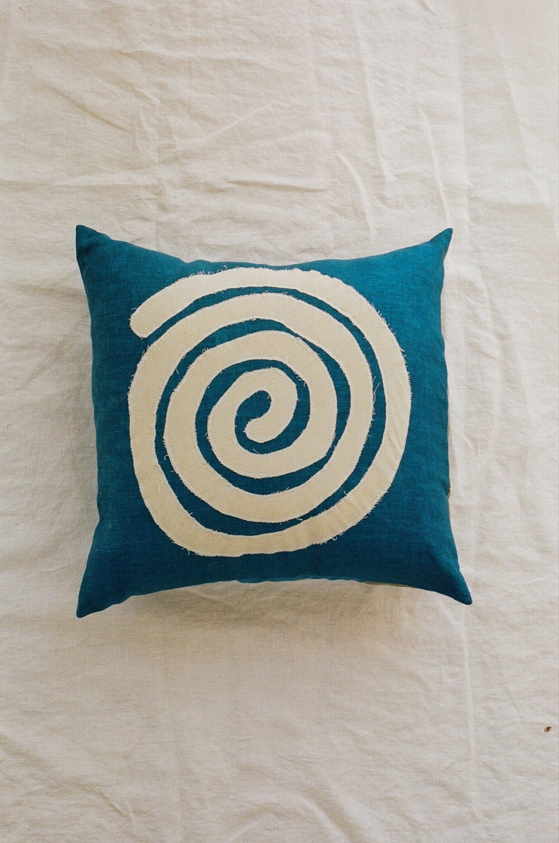 Indigo linen swirl pillow cover, linen pillow sham, zero waste home, hand dyed pillow, organic cotton pillow, geometic pillow image 1