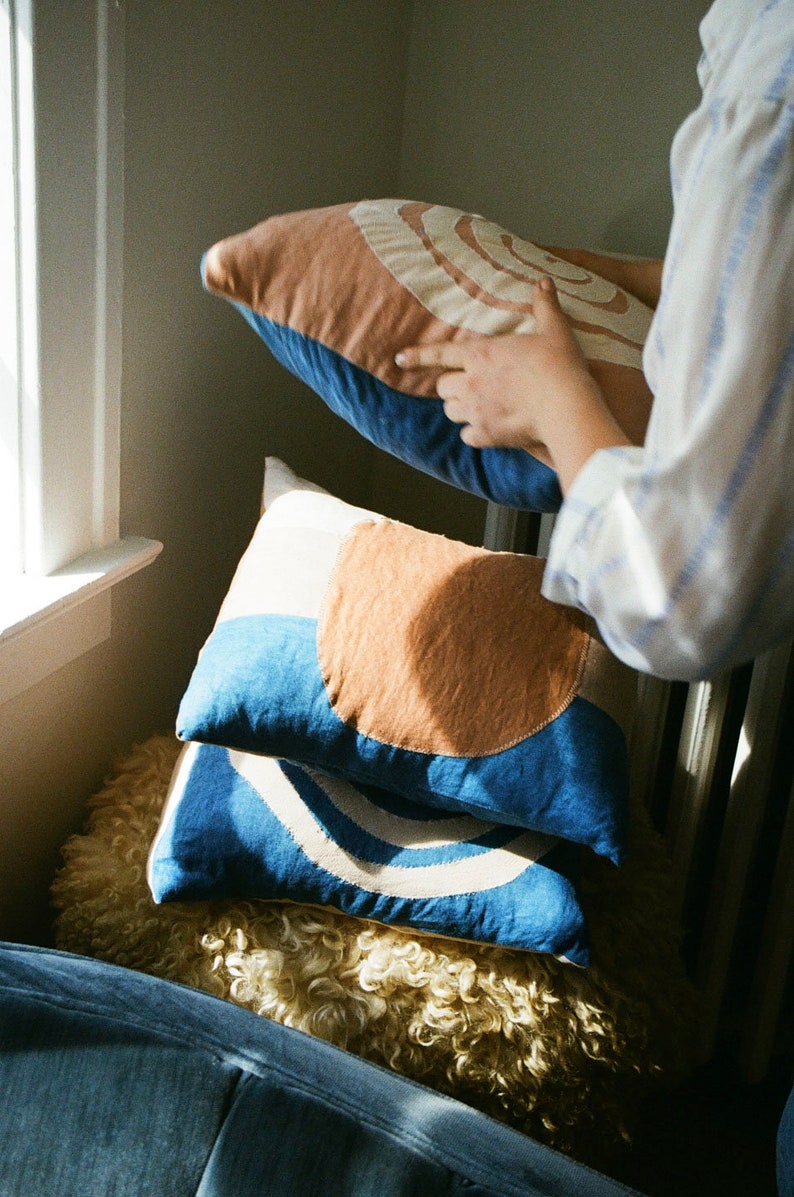 patchwork linen pillow cover, color block pillow, linen pillow sham, organic cotton pillow, hand dyed pillow, geometric pillow, zero waste image 8