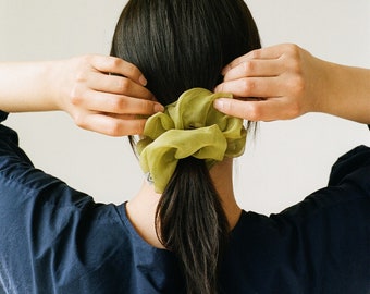 Green Silk Scrunchie, Sage Oversized Scrunchy, Organza Silk Handmade Hair Tie