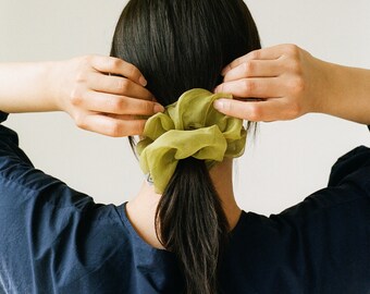 Green Silk Scrunchie, Sage Oversized Scrunchy, Organza Silk Handmade Hair Tie