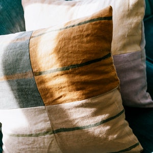 striped linen pillow, plant dyed sham, color block pillow cover, zero waste home decor, hand painted pillow, naturally dyed image 6