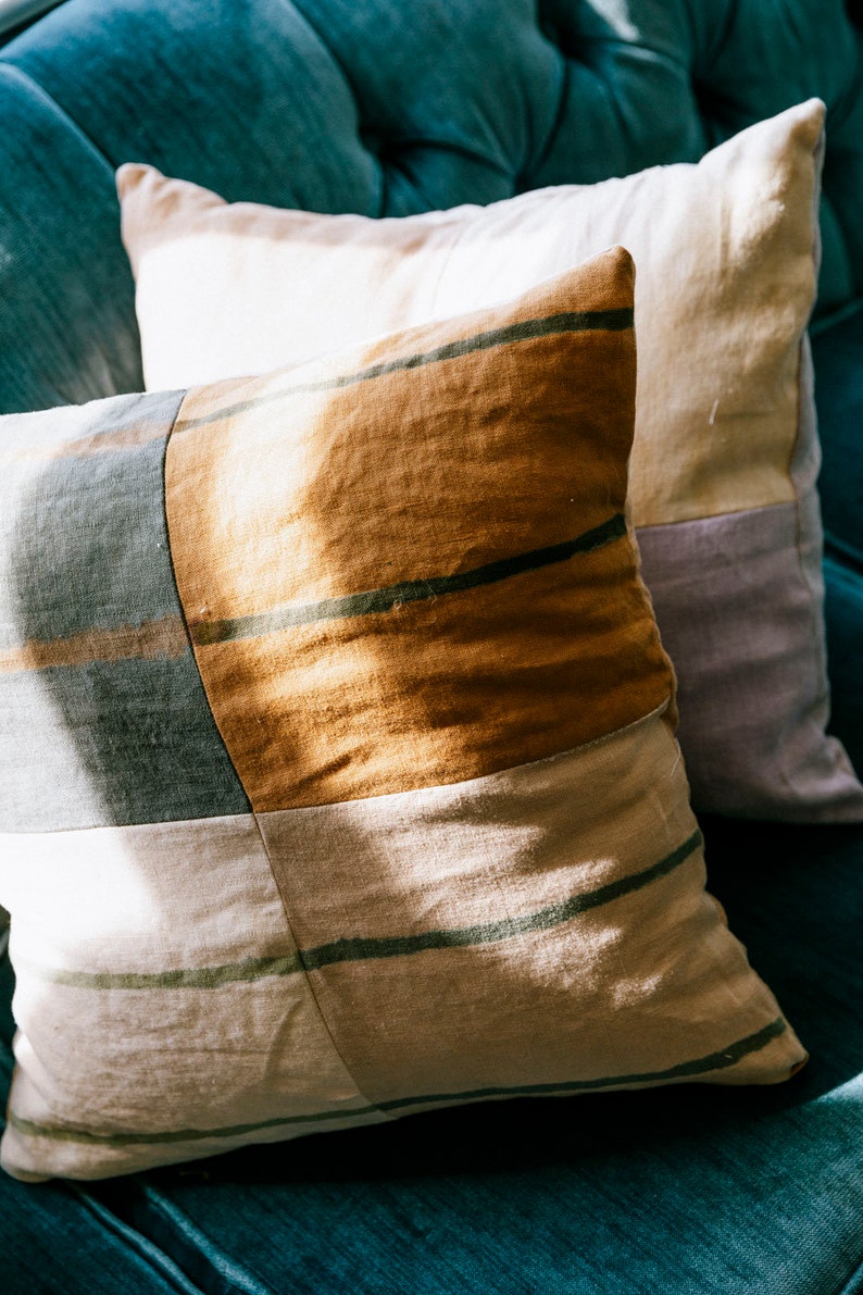 striped linen pillow, plant dyed sham, color block pillow cover, zero waste home decor, hand painted pillow, naturally dyed image 6