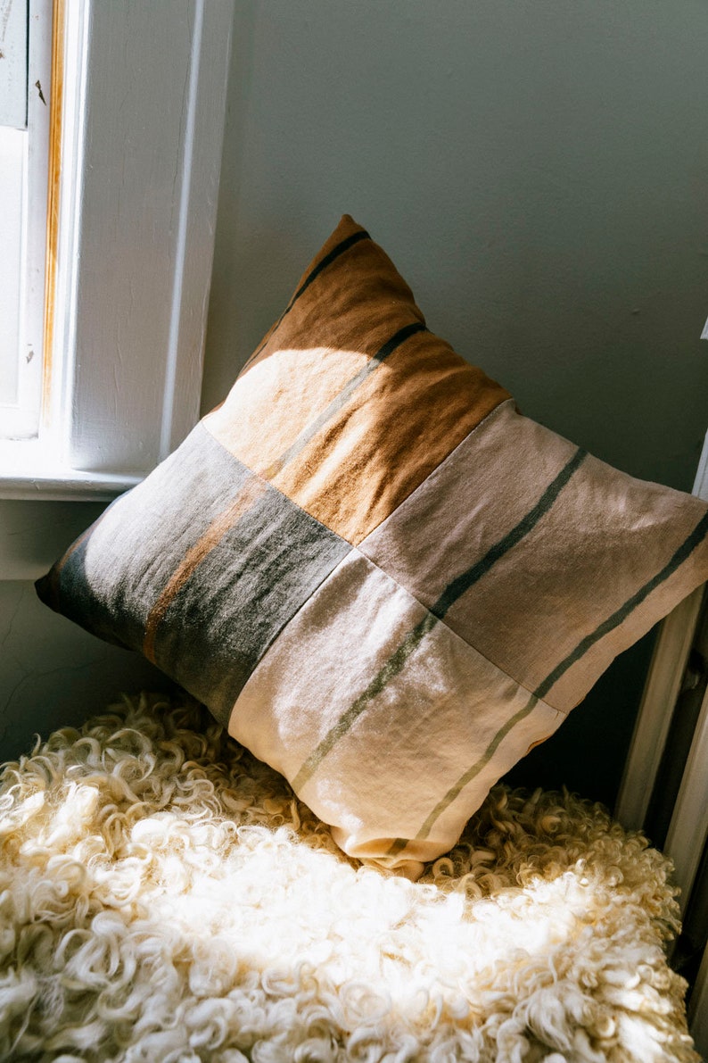 striped linen pillow, plant dyed sham, color block pillow cover, zero waste home decor, hand painted pillow, naturally dyed image 5