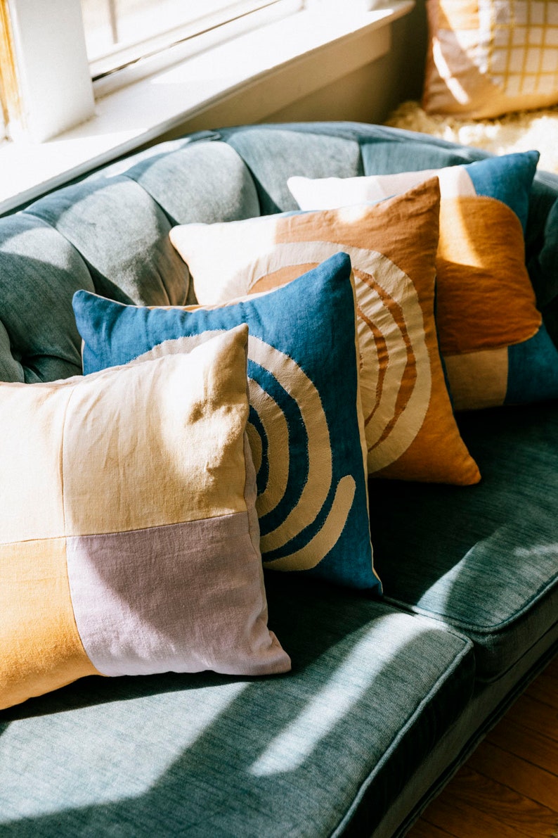 Indigo linen swirl pillow cover, linen pillow sham, zero waste home, hand dyed pillow, organic cotton pillow, geometic pillow image 8