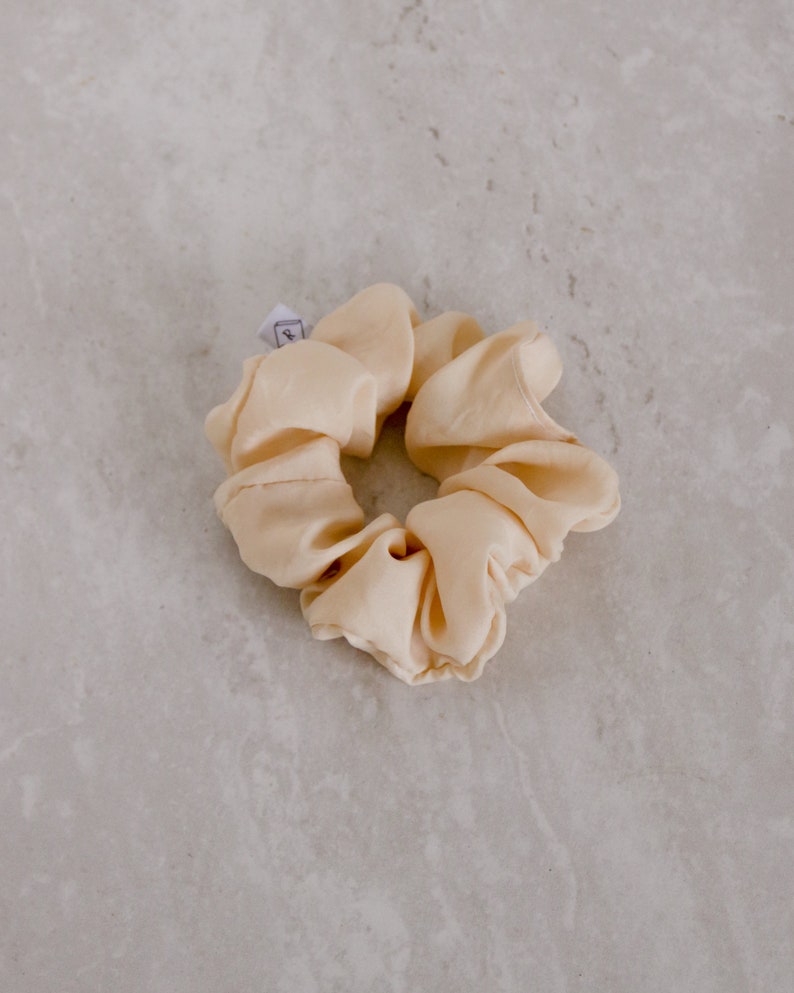 Scrunchie de seda beige, scrunchy de seda teñida de planta de arena, corbata de pelo hecha a mano teñida naturalmente imagen 4