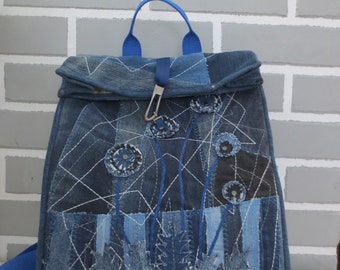 Denim Rucksack Jeansrucksack handmade Jeanstasche Umhängetasche UpsyclingTragetasche Patchwork Damentasche Shopper Jeans Einkaufstasche