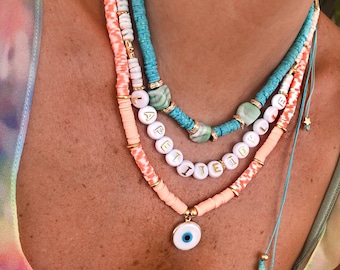 Evil Eye Jewelry for Women, Name Necklace, Summer Layering Necklace Set, Boho Handmade Jewelry, Beach Jewelry