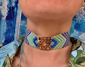 Beaded Aztec Choker Boho, Native Americans Jewelry, Miyuki Beads Choker Necklace, Hawaii Jewerly