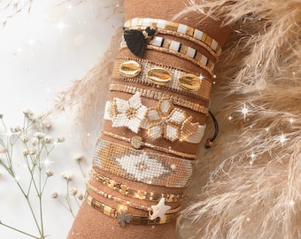 Stackable Bracelets Set, Flower Bracelet, SeaShell Bracelet, Christmas Gifts for her, Stacking Bracelets, Gold Jewlery, Tila Bead Bracelet