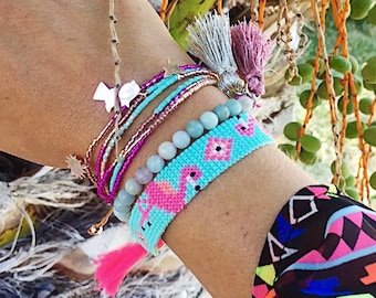 Miyuki Beaded Flamingo Bracelet, Hawaiian Jewelry, Beach Accessories, Bead Loom Bracelet, Mexican Bead Bracelet, Gifts for Her