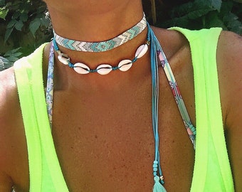 Beaded Choker Necklace, Seashells with Bead Loom Choker Necklace, Boho style, Beach Accessories, Aztec Design, Handmade jewelry