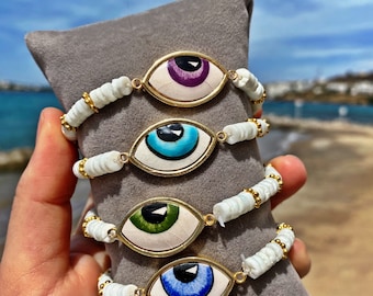 Evil Eye Bracelet, Evil Eye Jewelry, Bracelets for Women, Ceramic Bracelet, Gem Stone Jewelry, Good Luck Bracelet