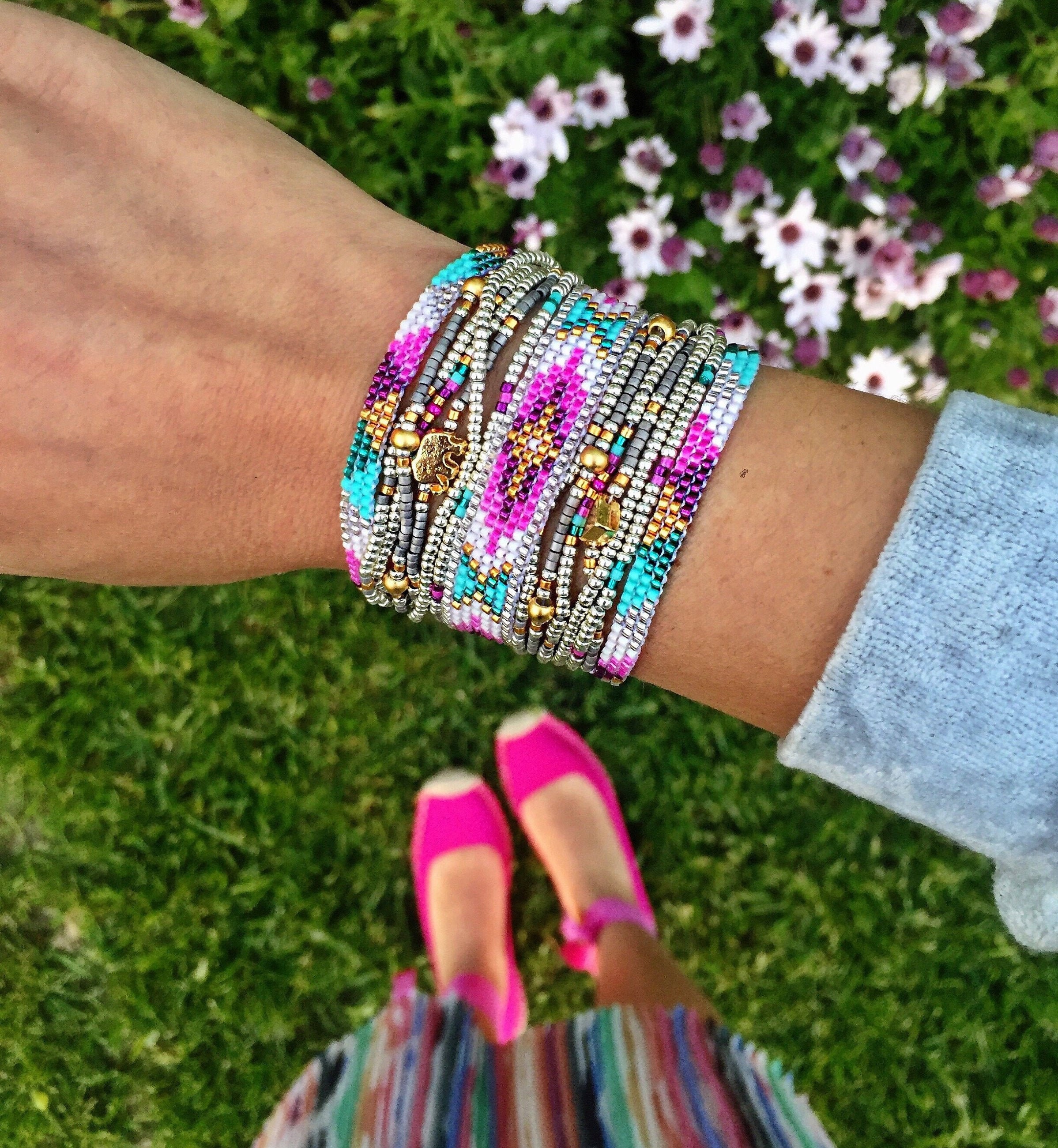 Pink Beaded Bracelet Boho Style Bead Accessories Bohemian Etsy