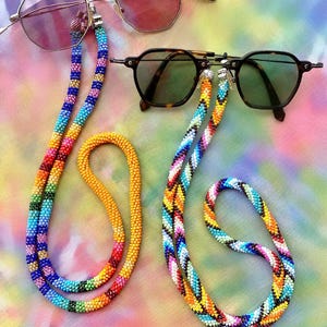 Colorful Beaded Sunglasses Chain, Handmade Crochet Eyewear Straps, Rainbow Festival Glasses Holder, 2-Pack Rope Lanyard