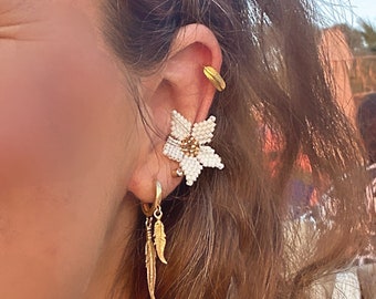 Ear Cuff No Piercing, Hawaii Tropical Mayan Jewelry, Miyuki Flower Earring, Boho Style