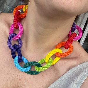 Beaded Chain Necklace, Handmade Jewelry, Avant Garde Jewelry, Rainbow Beads, Prison Bead Work, Boho Style, Rainbow Colors Jewelry