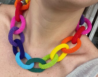 Beaded Chain Necklace, Handmade Jewelry, Avant Garde Jewelry, Rainbow Beads, Prison Bead Work, Boho Style, Rainbow Colors Jewelry