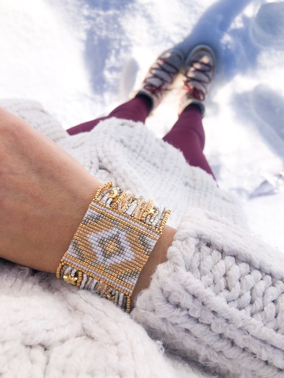 Buy Gold Miyuki Beaded Bracelet Handmade Jewelry for Women Aztec