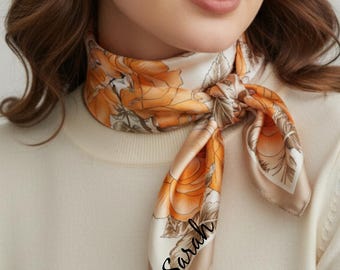 Personalized Floral Satin Scarf – Custom Initial Silk Bandana